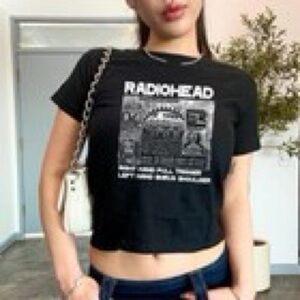 RADIOHEAD Kid A Robot Baby Tee Unofficial Merch Fitted Black Cropped T-Shirt